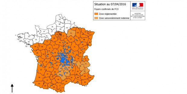 Carte des départements en zone réglementée pour la FCO le 7 avril 2016