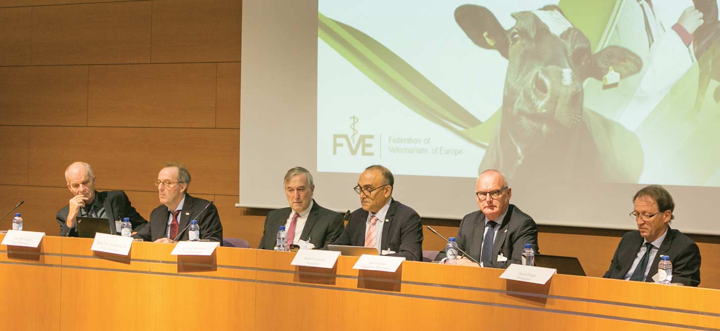 Bureau de la Fédération vétérinaire européenne (FVE). De gauche à droite: Arne Skjoldager (Danemark), Rens van Dobbenburgh (Pays-Bas), Andrew Robinson (Royaume-Uni), Rafael Laguens (Espagne, président), Jan Vaarten (directeur exécutif), Zsolt Pintér (Hongrie)