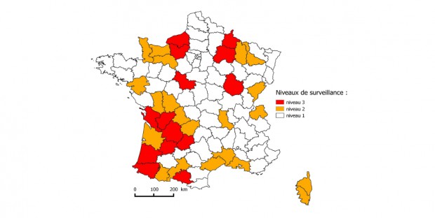 Sylvatub : en jaune les départements de niveau 2 et en rouge ceux de niveau 3 