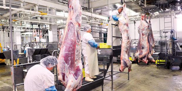 Personnel travaillant dans un abattoir.