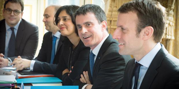 Les ministre Valls, Macron, El Khomri